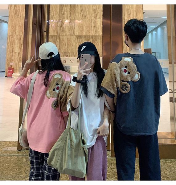 

women's t-shirt oversized hoodies 2021 spring summer women fleece bear female short sleeve loose couple clothes top, White