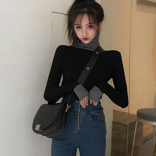 

women's sweaters women simple casual style high collar sweater stitching color wild knitted bottoming shirt pull, White;black