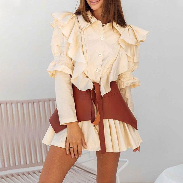 

casual dresses women vintage irregular lantern sleeve dress fashion loose lapel ruffles single breasted blouse + belt female vestidos, Black;gray