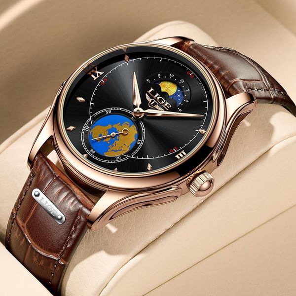 

wristwatches 2021 lige fashion mens watches moon phase men quartz male clock leather waterproof sport watch, Slivery;brown