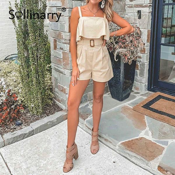 

sollinarry casual summer high waist spaghetti strap women romper elegant beige cotton lace-up playsuits sleeveless romper 210709, Black;white