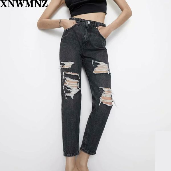 

za high waist jeans woman hole women jeans street style fashion pants torn denim 210510, Blue