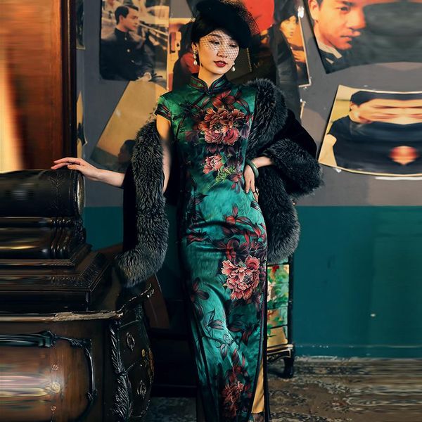 

silk cheongsam blackish green print qipao summer oversize size custom cheongsams traditional retro high slit slim end dress ethnic clothing, Red
