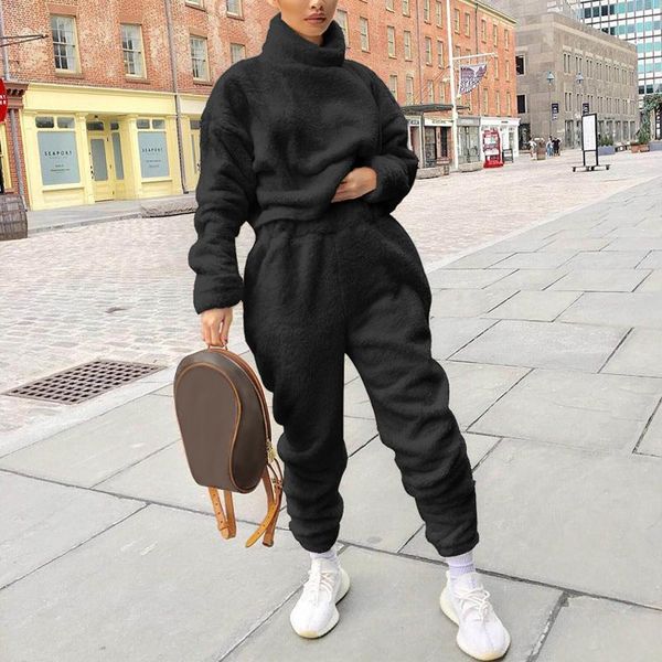 

fashion female suit loose casual sets autumn plush turtleneck solid sweatshirt high waist warm two piece set women home wear women's pa, White