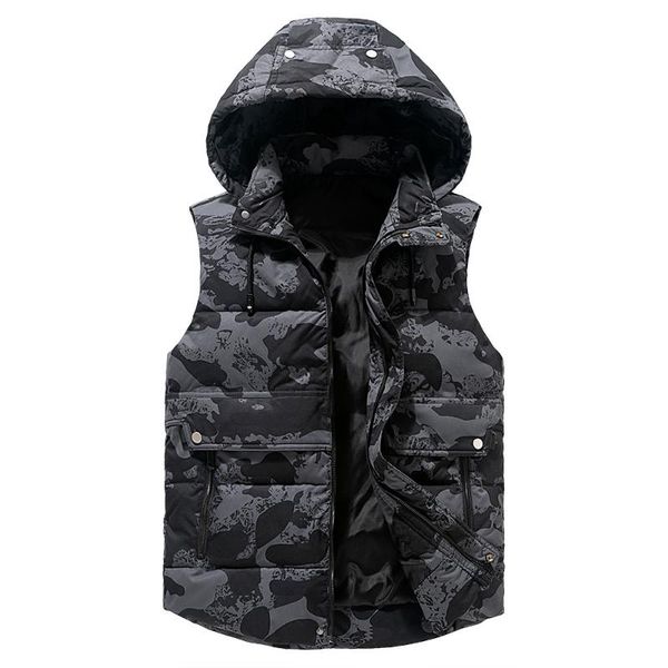 

men's vests winter vest plus size 5xl hat detachable waistcoat camouflage sleeveless jackets warm parkas unloading coat for men unisex, Black;white