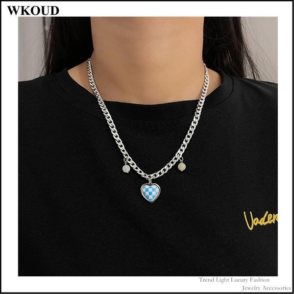 

pendant necklaces 2021 korean autumn tide hip hop sweet checkerboard love titanium steel clavicle chain sweater necklace, Silver