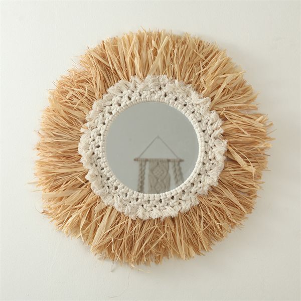 Ins Rafia Makeup Round Macrame Handmade Tapestry Straw Beads Wall s Bedroom Decorative Mirrors Home Decor