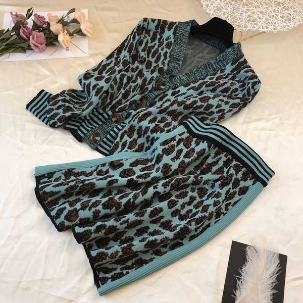 

long sleeve v-neck leopard striped cuffs thin knit cardigan a word skirt woman suit casual fashion autumn 210601, White