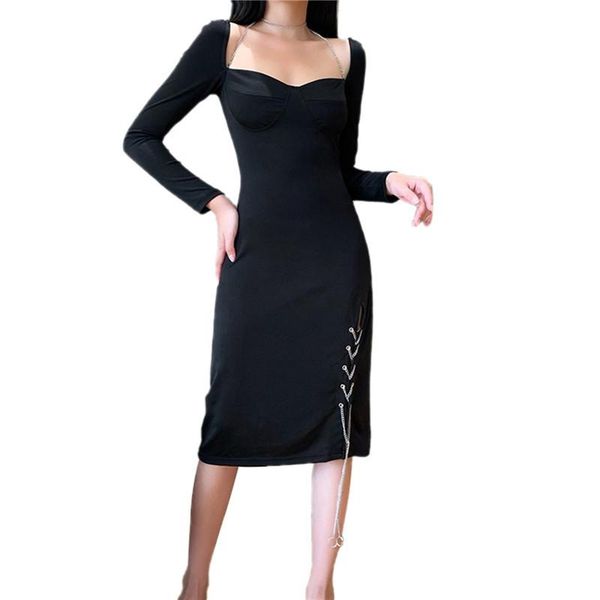 

ladies fashion chain split long sleeve dress collar solid color square slim casual dresses, Black;gray