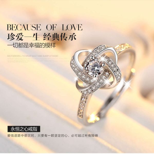 

four plated 925 silver with diamond and four leaf clover opening adjustable ring, Black
