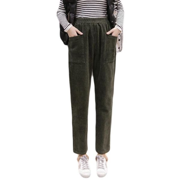 

women's pants & capris women corduroy 2021 autumn winter vintage solid casual pleated high waist harem with pockets trousers, Black;white