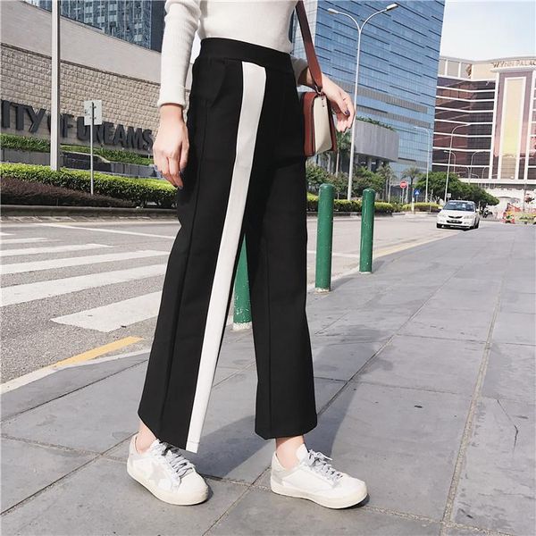 

women's pants & capris black women flare long white side strip mid waist streetwear casual bottoms, Black;white