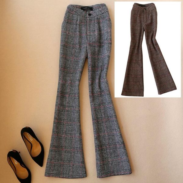 

women's pants & capris women flare autumn winter thicken woolen office lady warm high waist fashion plaid trousers, Black;white