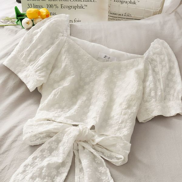 

lucyever white print women blouses summer fashion bow lace up puff sleeve shirts woman korean sweet square neck shirts 210521