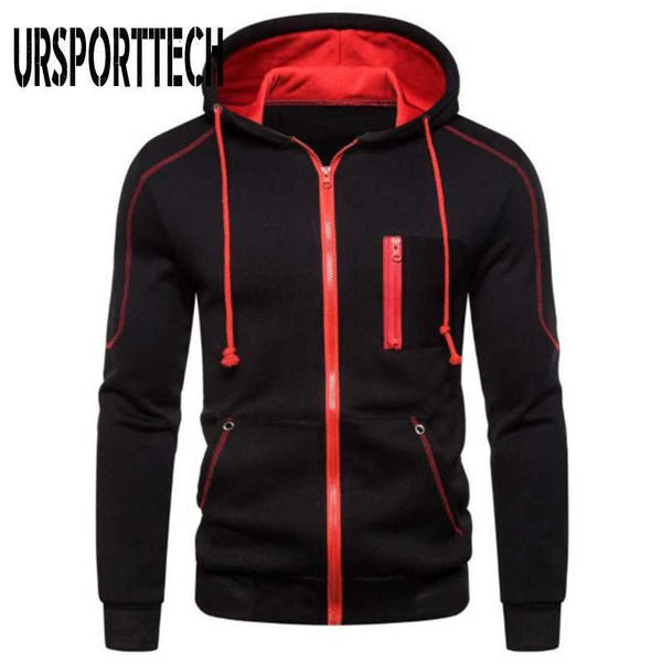 

ursporttech hip hop zipper hooded sweatshirt men spring autumn casual solid hoodies sweatshirts male streetswear jackets 210528, Black