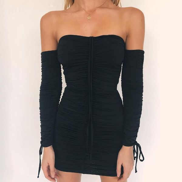 

women's party dress solid color long-sleeved chest-wrapped pleated lace-up high-waist for ladies nightclub wear casual dresses, Black;gray