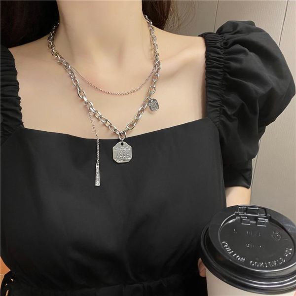 

pendant necklaces vintage chain letters necklace for women double layers chunky adjustable, Silver