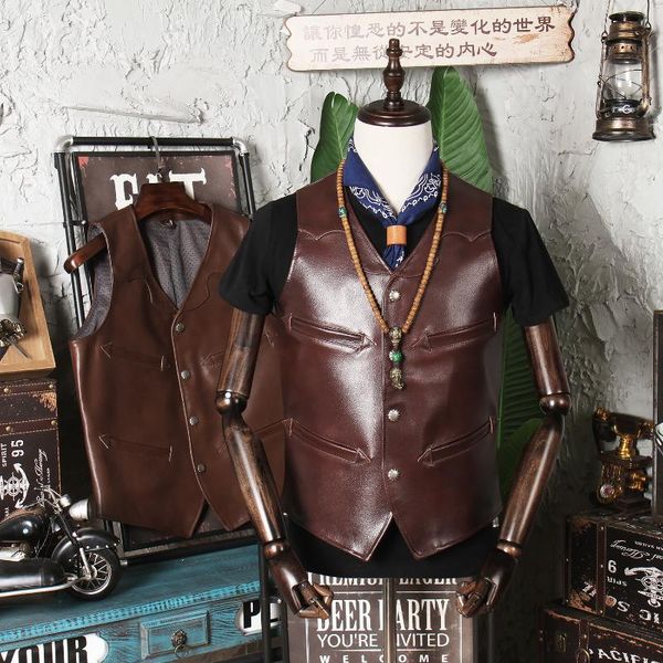 

men's leather & faux batik layer cowhide coat ami kaji vest short slim shoulder sleeveless, Black