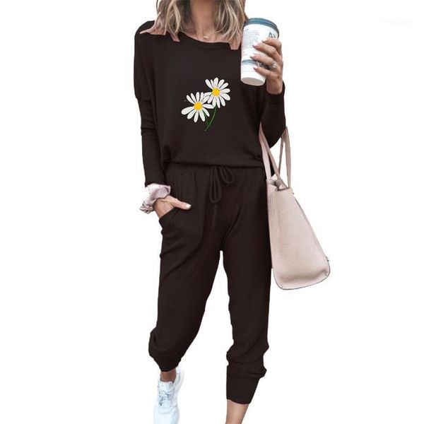 

women's tracksuits fashion women ladies autumn lace-up jogger pants suit loose elastic home wear flower printed running clothes sets, Gray