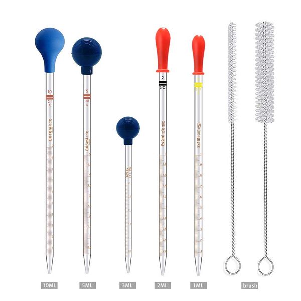 5 pezzi di materiale da laboratorio pipette contagocce graduate in vetro spesso pipette per liquidi fluidi 1 ml 2 ml 5 ml 10 ml 2 pezzi per ciascuno con tappi e spazzole per il lavaggio (33 cm-13 pollici)