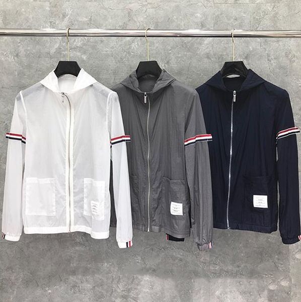 

downs fashion tb brand jacket men quick dry striped sleeves sun-protective outdoor sports coats casual hooded windbreaker, Black