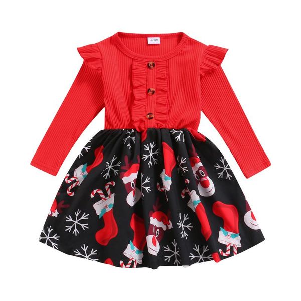 

girl's dresses toddler girl christmas dress, long sleeve cartoon print rib knit button front ruffle dress, Red;yellow