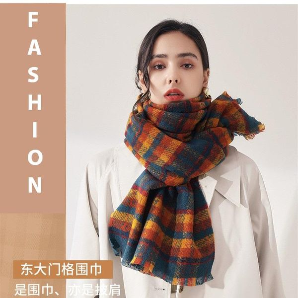 

scarves visrover winter check scarf for woman female shawls cashmere handfeeling wraps plaid hijab poncho ladies wholesale, Blue;gray