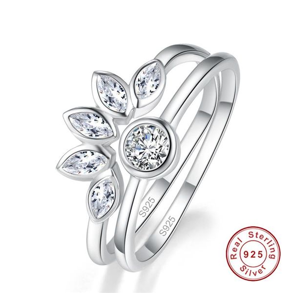 

cluster rings jqueen 100% 925 sterling silver lovely flower shape white cz finger for women 2pcs engagement fine jewelry s925 gift, Golden;silver