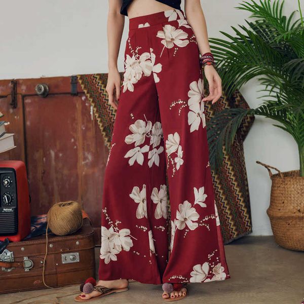 

bohemian floral print wide leg pants women long casual pant summer boho beach vacation elastic high waist chiffon trousers 210608, Black;white