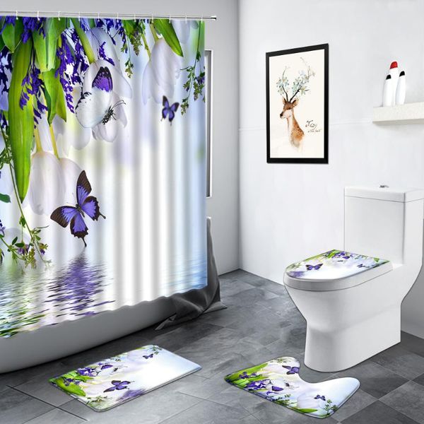 

shower curtains spring floral butterfly tulip flowers green leaf rural scenery bathroom rug non-slip bath mats toilet decor set