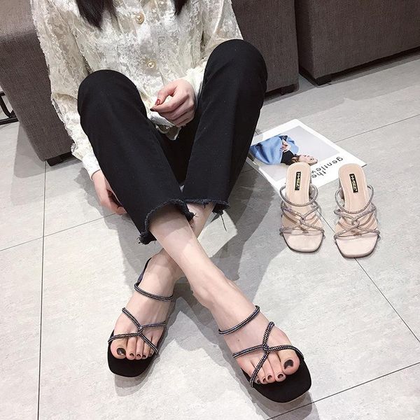 

beige heeled sandals velvet shoes 2021 women's all-match black suede girls block fashion clear rhinestone high comfort outs