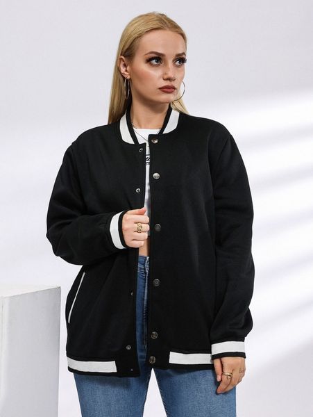 

plus slant pockets bomber jacket 48je#, Black