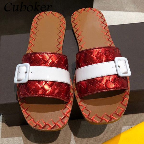 

official website 70% off outlet brand women summer slippers peep toe leather slides female mules buckle decor one word belt causal flat shoe, Black