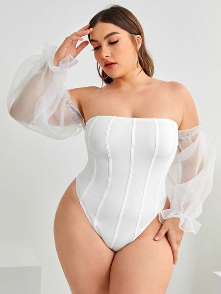 

plus off shoulder sheer organza sleeve seam detail bodysuit 02ho#, Black