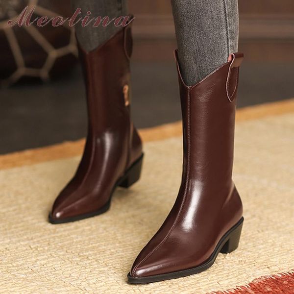 

boots meotina women mid calf western fashion thick med heel shoes zipper pointed toe ladies 2021 autumn 33-40 brown, Black