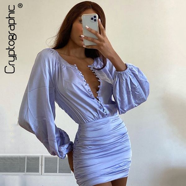 

violet button up ruched mini dress bodycon lantern sleeve 2021 fall club party breasted womens dresses skinnyby air, Black;gray