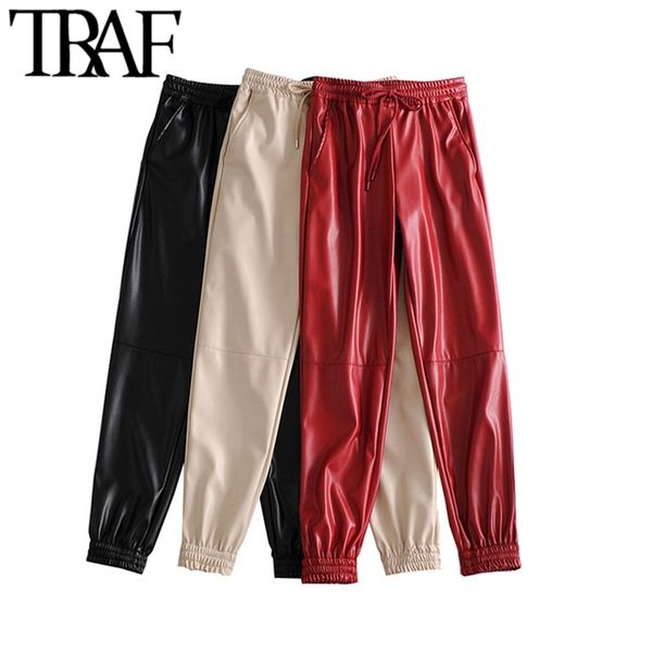 

traf women fashion side pockets faux leather jogging pants vintage high elastic waist drawstring female ankle trousers mujer 211112, Black;white