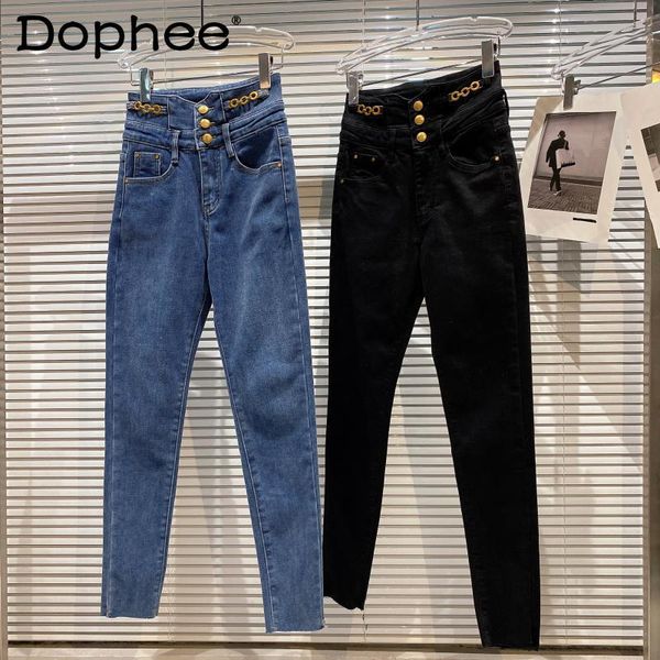 

women's jeans metal buckle waist thick velvet pencil women high stretch slim denim pants street 2021 autumn winter pantalon, Blue