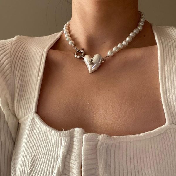 

pendant necklaces korean fashion white imitation pearl choker necklace for women bead statement elegant temperament planet female, Silver