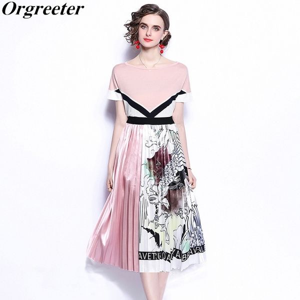 

fashion stitching irregular pleated print a-line skirt suit female summer pink knitted pullover 2 piece sets outfits 210525, White