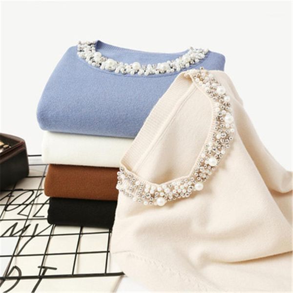 

women's sweaters 2021 winter khaki ladies autumn beadings sweater pullover o-neck long sleeve solid office lady female jumper, White;black