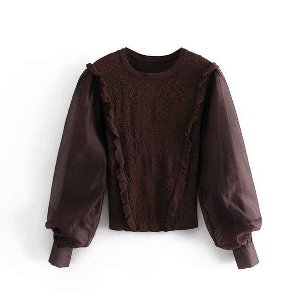 Vintage Mulher Slim Chiffon Sleeve Patchwork Sweater Moda Senhoras Ruched Knitwear Feminino Elegante Lanterna Tops 210515