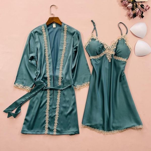 

summer lady kimono robe set nightwear casual homewear intimate lingerie royal sleepwear green 2pcs bathrobe gown women's, Black;red