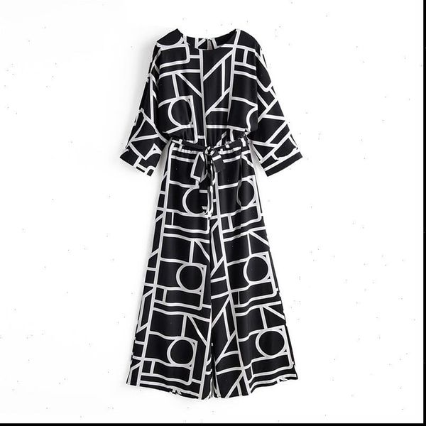 

vintage geometric pattern wide women romper leg pants bow tie belt elastic waist pockets rompers female chic playsuits, Black;white
