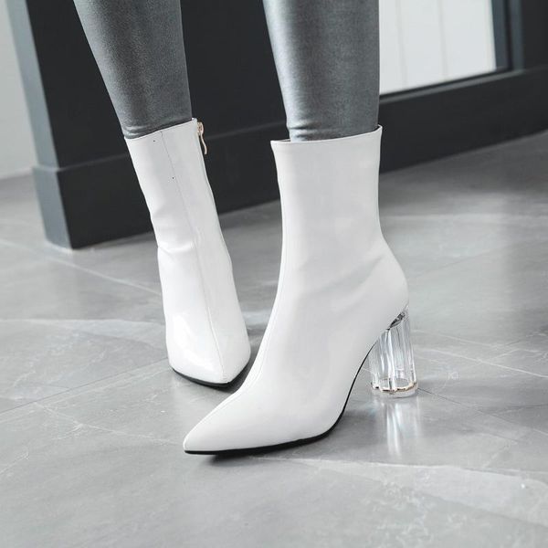 

boots high heel woman sharp side knight short patent leather crystal coarse wedding, Black