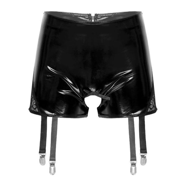 

underpants men open crotch panties wet look shiny patent leather boxer shorts lace patchwork underwear crotchless with garters, Black;white