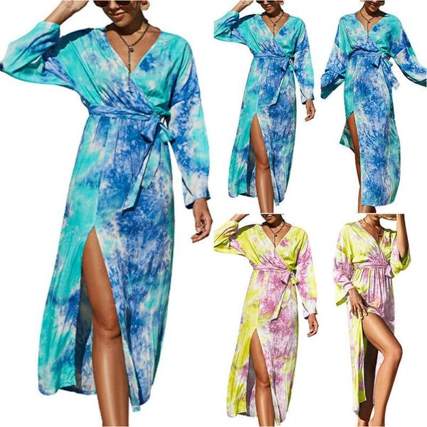 

casual dresses wrap dress female summer 2021 beach causalcalf-length women long sleeve tie dye v-neck belt fashion three quarter midi sundre, Black;gray