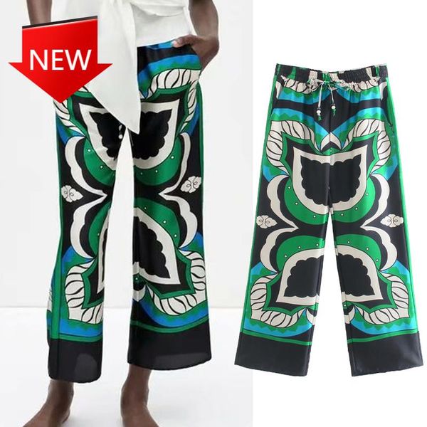 

women's pants & capris summer 2021 vintage print high waist woman trousers streetwear casual loose sets women green wide leg pant, Black;white