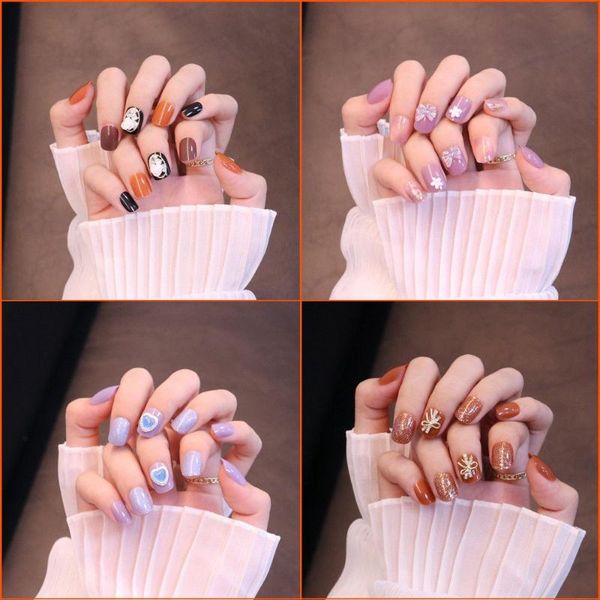 

false nails 24pcs fashion bow artificial fake full cover manicure patch press on art tips, Red;gold
