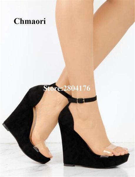 

chmaori cover heel sandals pointed platform wedges solid black party ankle strap transparent summer shoes